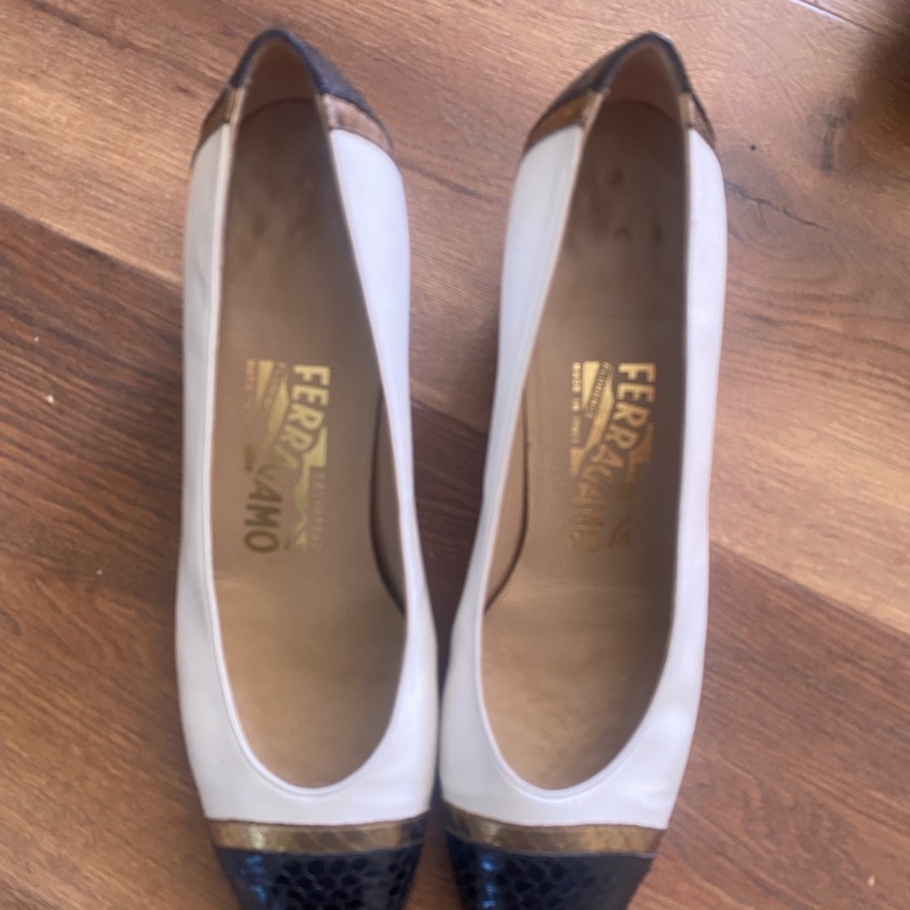 Salvatore Ferragamo White, Black and Gold Cap-Toe Flats